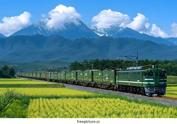 Green Freight Train Passing Through Rural Landscape Against Mountain Background