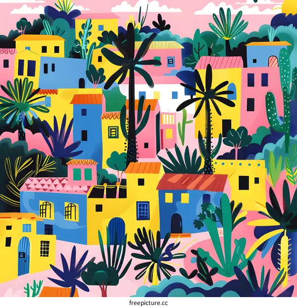 Colorful Illustration of a Village with Palm Trees