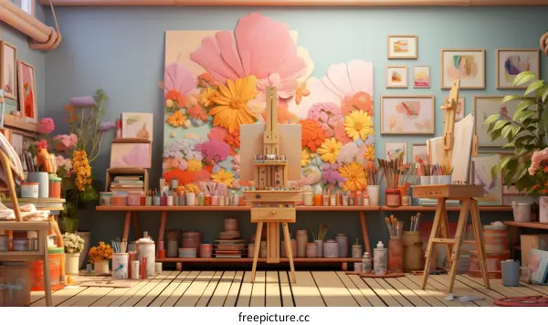 Colorful Art Studio with Floral Mural
