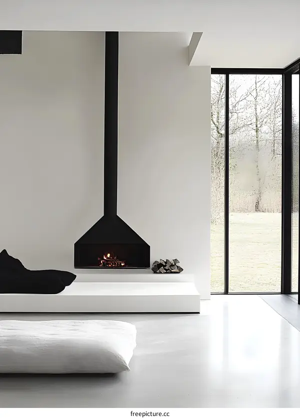 Modern Minimalist Living Room With Fireplace and Large Window