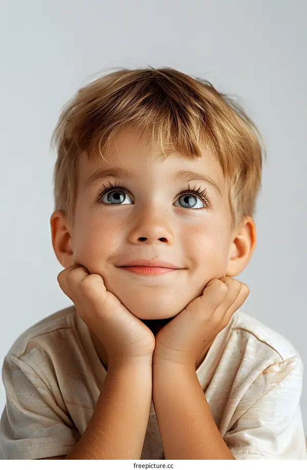 Portrait of a happy smiling little boy with blond hair and blue eyes