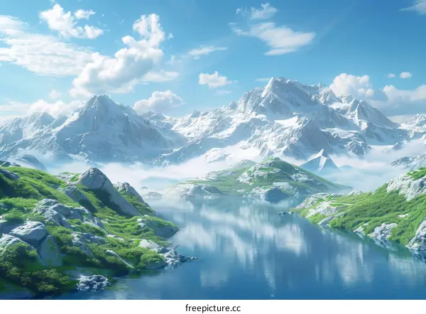 Panoramic View of a Majestic Mountain Lake with Snow-Capped Peaks
