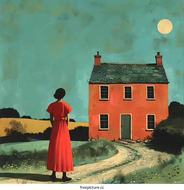 A woman standing in a field looking at a house