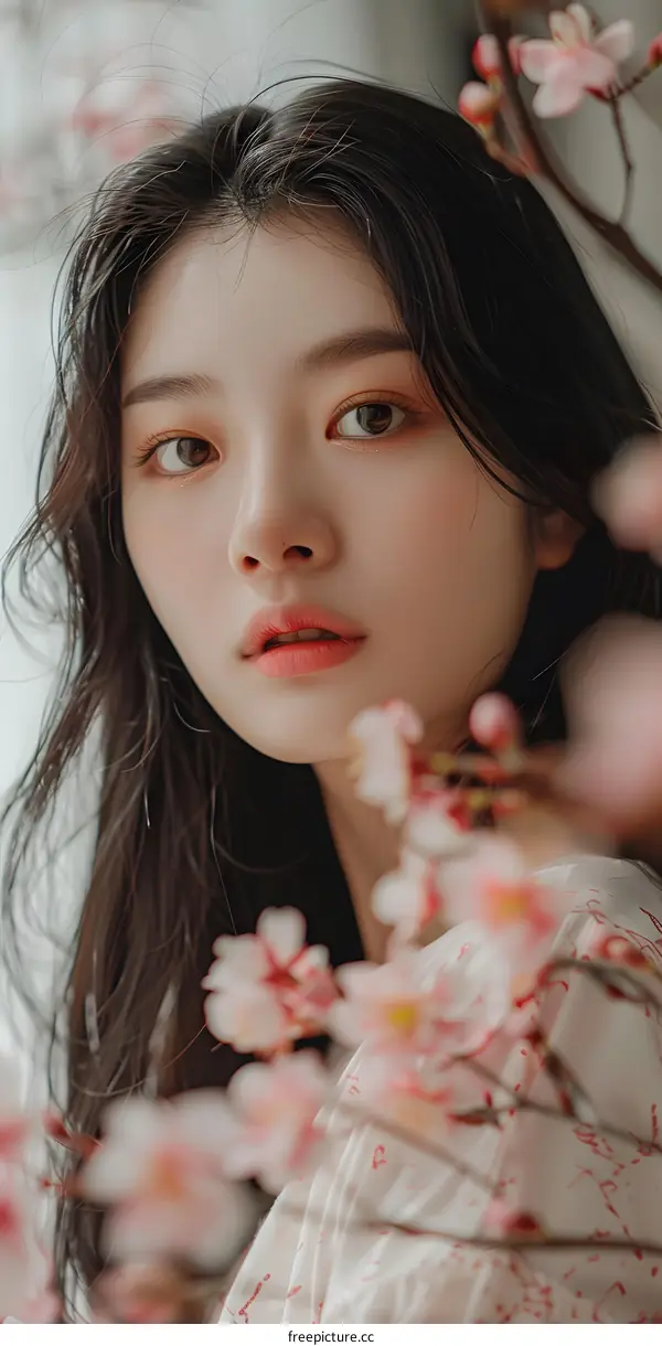 Asian Woman with Pink Flowers Portrait