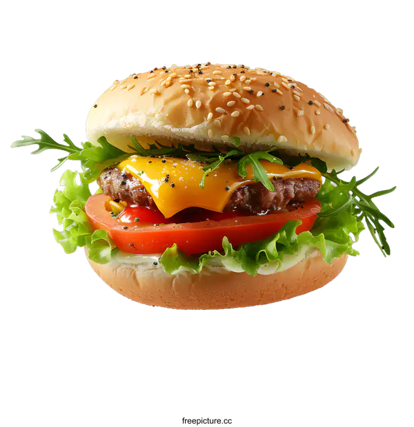 [Transparent Background PNG]A cheeseburger with lettuce and tomato on a sesame seed bun