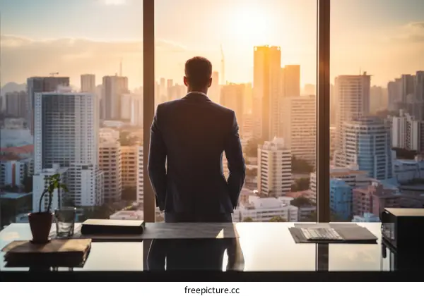 Businessman looking at cityscape from office window