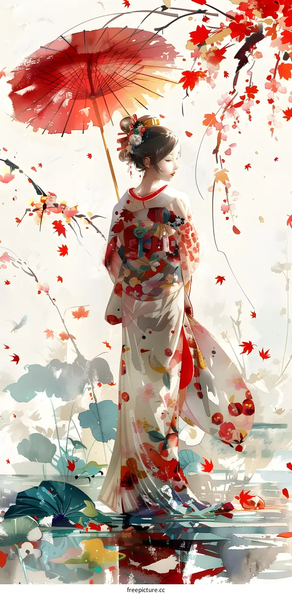 A woman in a kimono holding a red umbrella walks through a cherry blossom forest