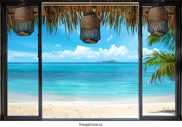 Ocean View From Window With Hanging Lanterns