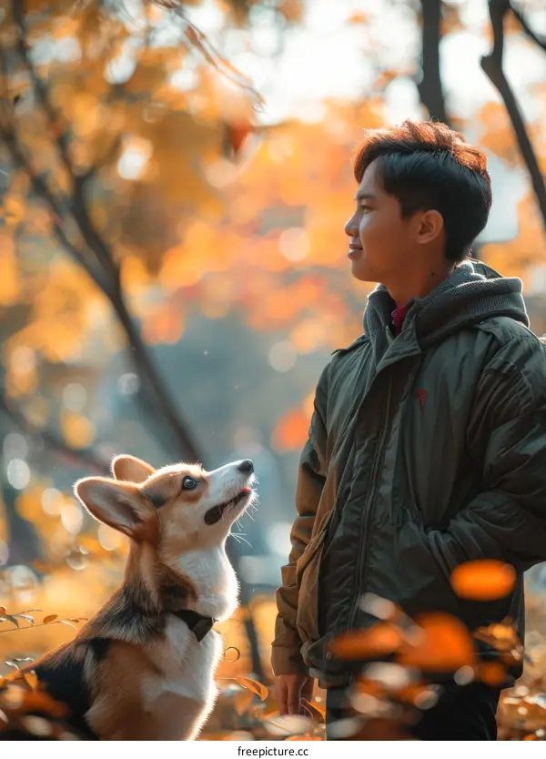 A young man and his corgi in the fall foliage