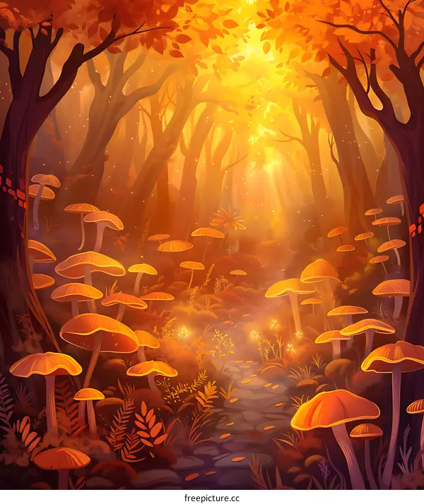 Autumn Forest Pathway with Mushrooms