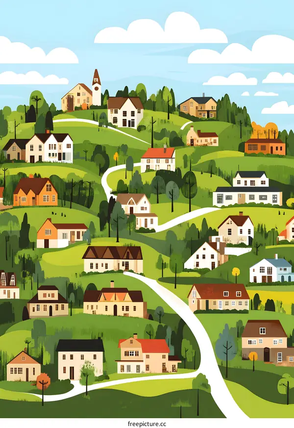 Village Landscape with Houses and Winding Road