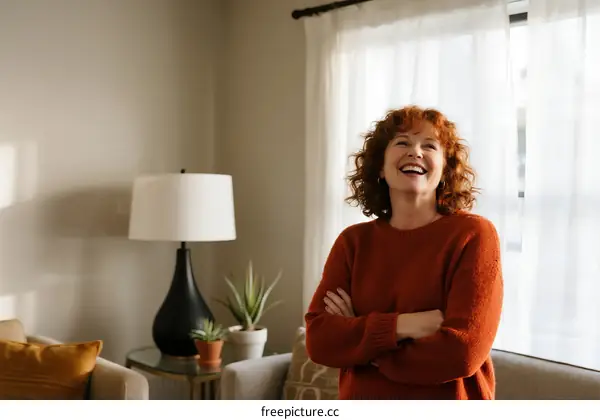 Happy middle-aged woman standing with crossed arms in cozy living room
