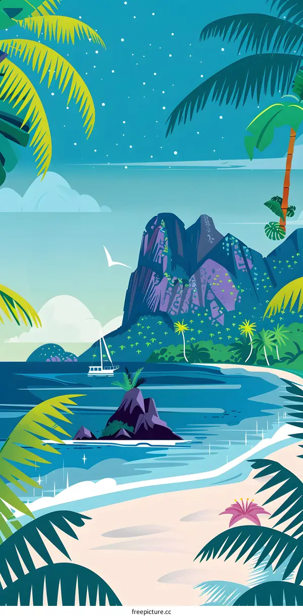 Tropical Island Landscape Illustration with Palm Trees and a Mountain