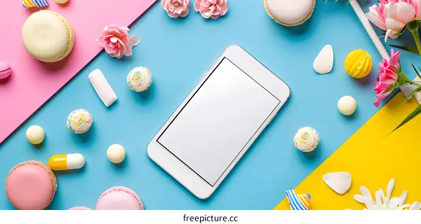 Flat Lay with Mobile Phone, Flowers and Macarons