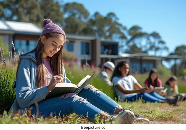 Teenage girl reading a book outdoors