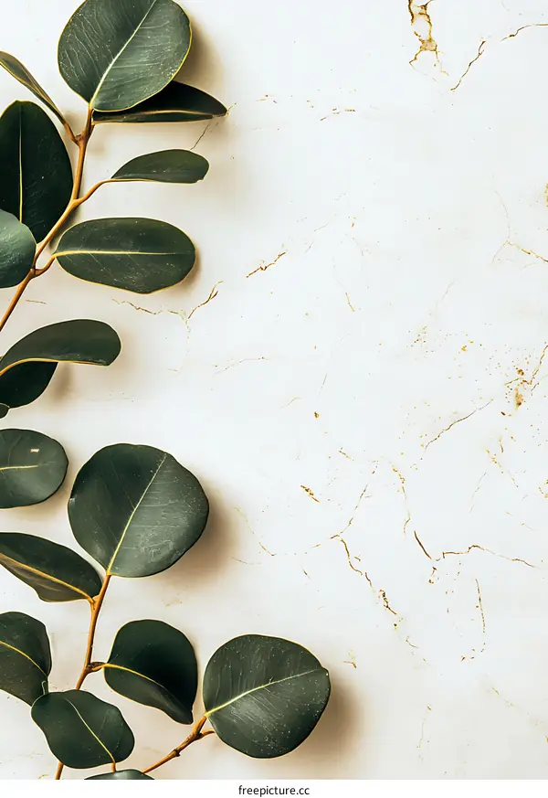 Green Leaves on White Marble Background