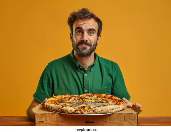 A man with curly hair and a beard is holding a pizza.