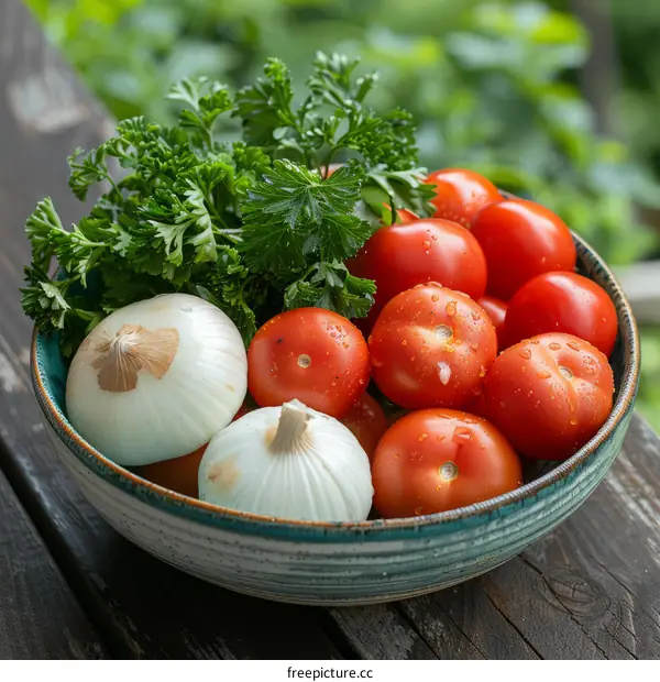 A bowl of fresh organic vegetables including tomatoes, onions and parsley