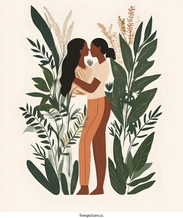 Two Black Women Embracing in a Garden of Greenery