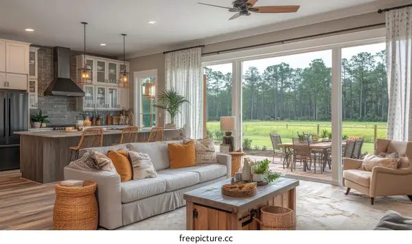 Rustic Farmhouse Living Room with Open Plan Kitchen