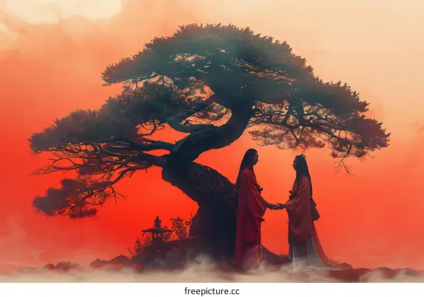 Ancient Chinese Couple Under a Tree at Sunset