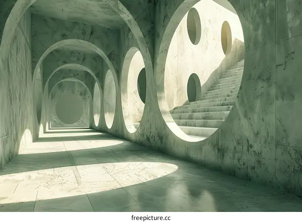Futuristic Concrete Interior with Arched Openings and Staircases