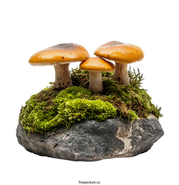 [Transparent Background PNG]Three Mushrooms on a Stone with Moss