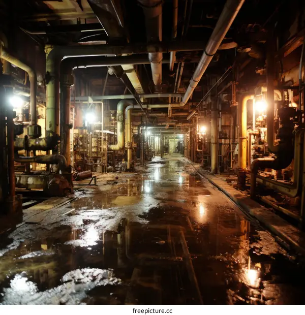 An eerie photo of an abandoned and flooded industrial building