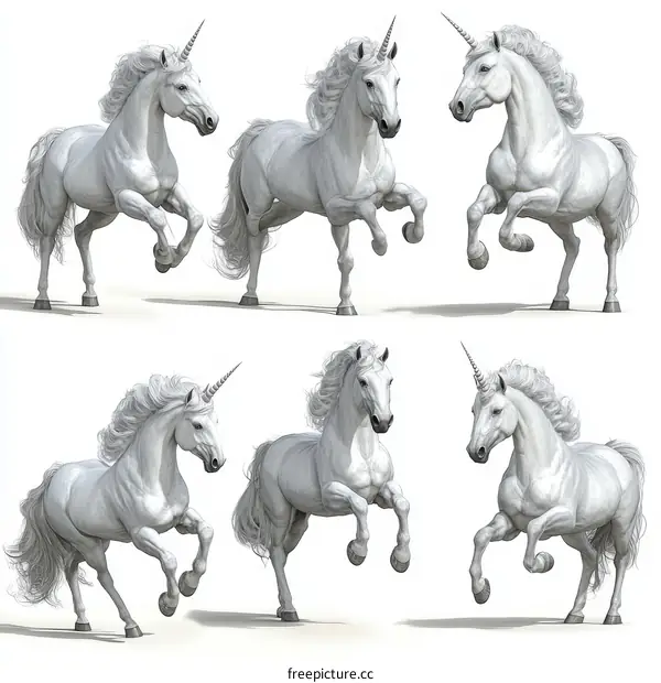 Six White Unicorn Horses in Action