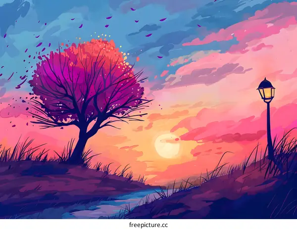 Sunset Landscape With Tree and Lamp