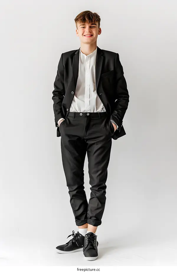 Young Man in a Suit Posing on White Background
