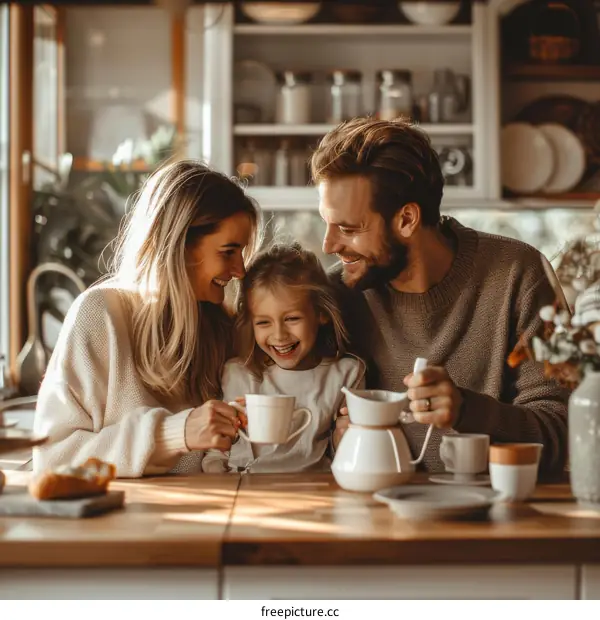 Family enjoying breakfast in the kitchen