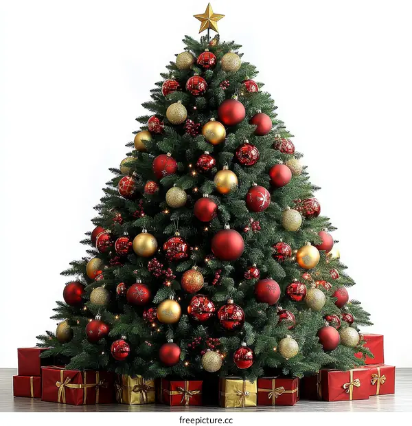 Christmas Tree Decorated with Red and Gold Ornaments