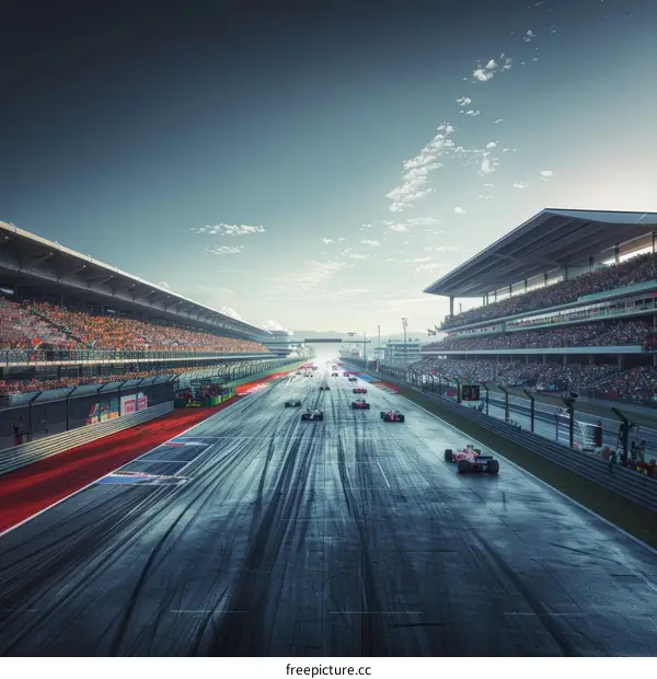 Formula One cars racing on a track