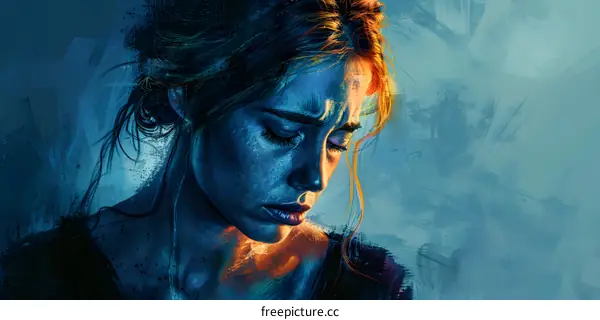 portrait of a sad young woman with freckles and blue hair