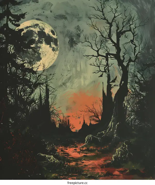 Dark Forest Nighttime Illustration with Full Moon and Silhouettes of Trees
