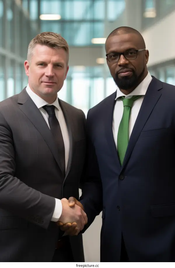 Two businessmen shaking hands in an office building