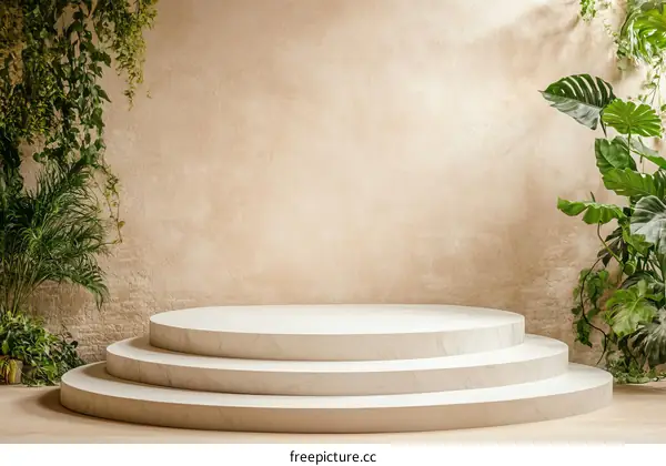 Beige Wall with Circular Display Platform and Plants