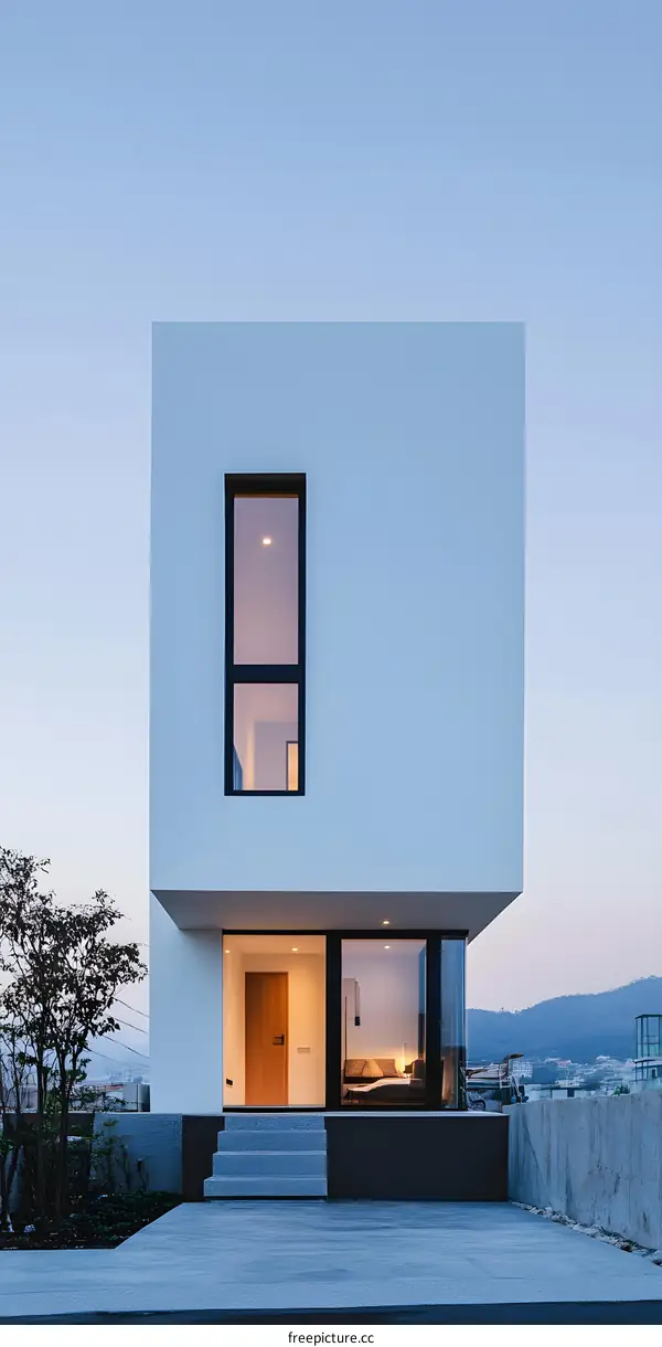 Modern Minimalist White House with Large Windows and a Concrete Patio
