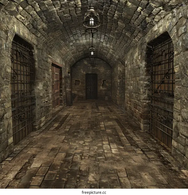 gloomy prison corridor with barred doors