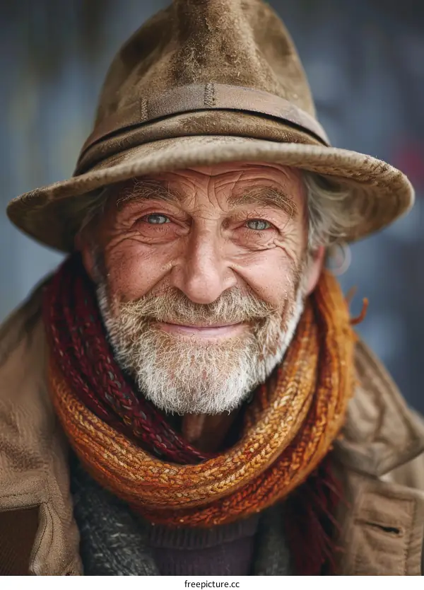 portrait of an old man with a hat and scarf