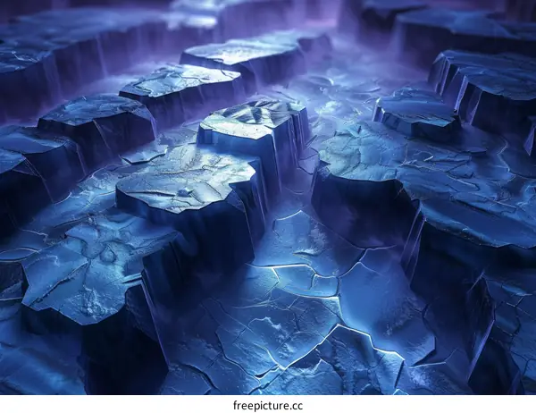 Fantasy blue crystal rock mountain landscape with glowing blue light