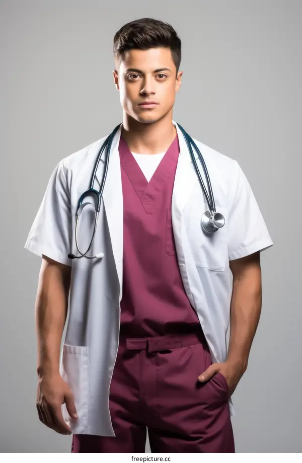 Portrait of a male doctor in a white coat and stethoscope