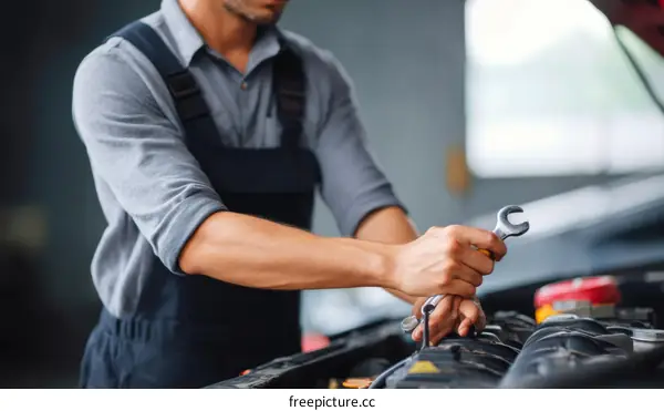 Auto Mechanic Working on a Car Engine