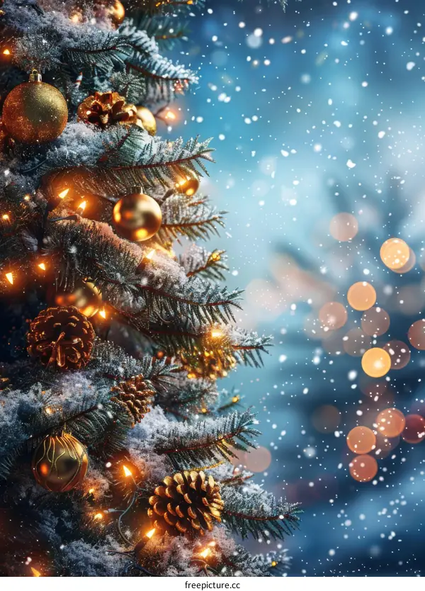 Golden Christmas Tree Decorated with Pine Cones