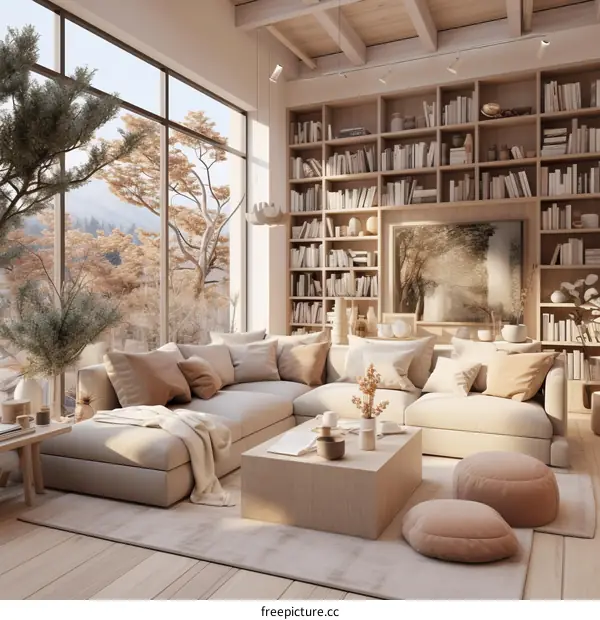 Cozy living room with large bookshelf and comfortable couch