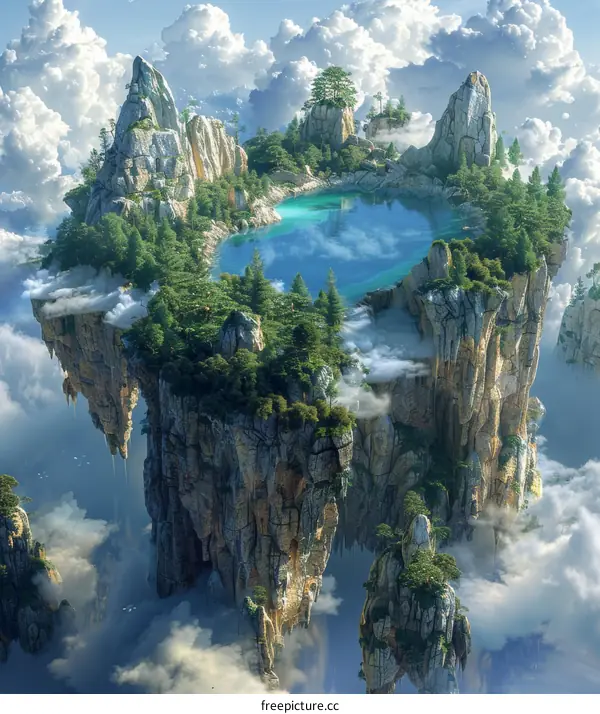 Surreal floating island with lake and trees