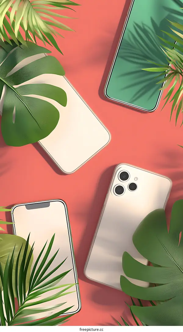 Three White Smart Phones on Coral Background with Green Leaves