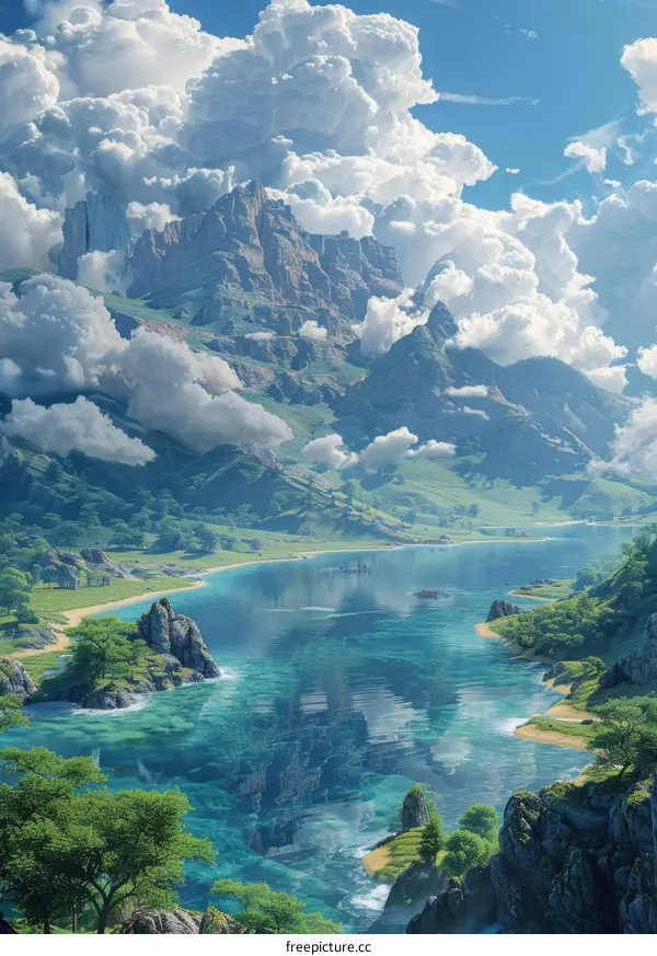 Mountain Lake with Lush Green Hills and Cloudy Sky