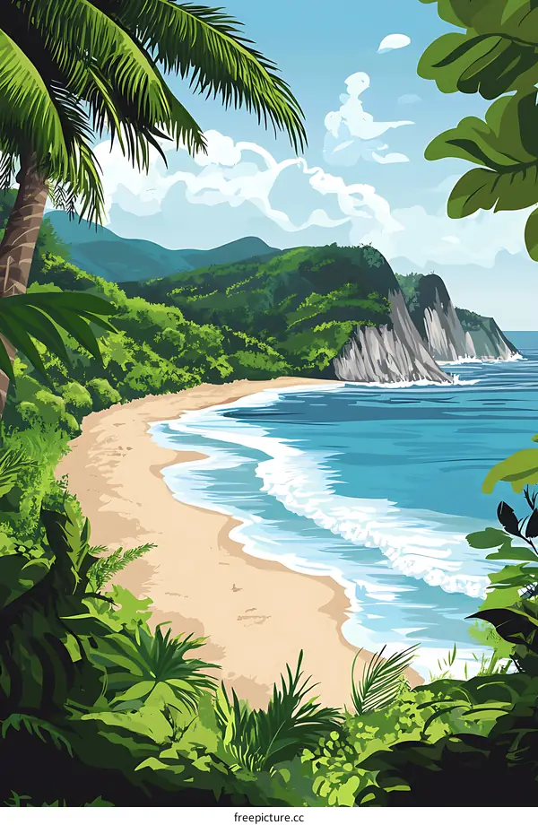 Tropical Beach Scene with Palm Trees and Green Mountains